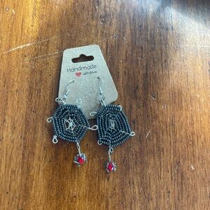 Handmade Black and Red Beaded Spider Web Earrings